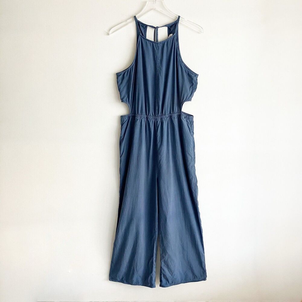 Cloth & Stone Cutout Jumpsuit Sz Small Blue Sleeveless Crop Wide Leg Keyhole Tie